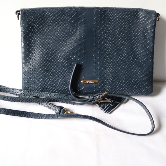 Gigi New York Navy Leather Foldover Crossbody Shoulder Purse Clutch Python Snake - Picture 8 of 9